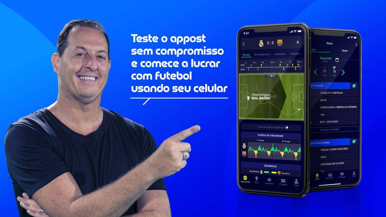 Peça de divulgação do app Appost com apresentador e telas de estatísticas ao vivo de Real Madrid contra Barcelona.