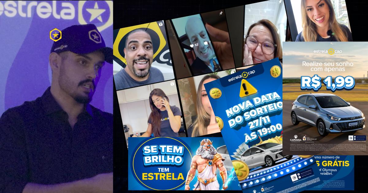 EstrelaCap 营销活动素材拼图，包括抽奖创意与网红视频。