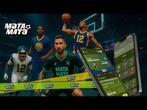 Mata-Mata 宣传视觉，包含足球、篮球和NFL运动员与移动端界面。
