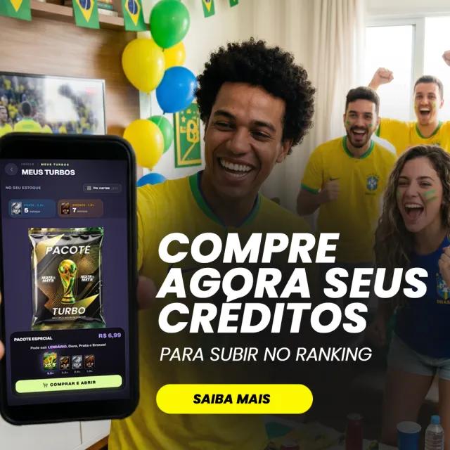 Criativo de campanha do Mata-Mata com torcedores da seleção brasileira e tela de compra de pacotes.