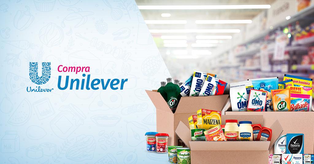 Banner da plataforma Compra Unilever mostrando caixas de produtos Unilever em um corredor de supermercado.