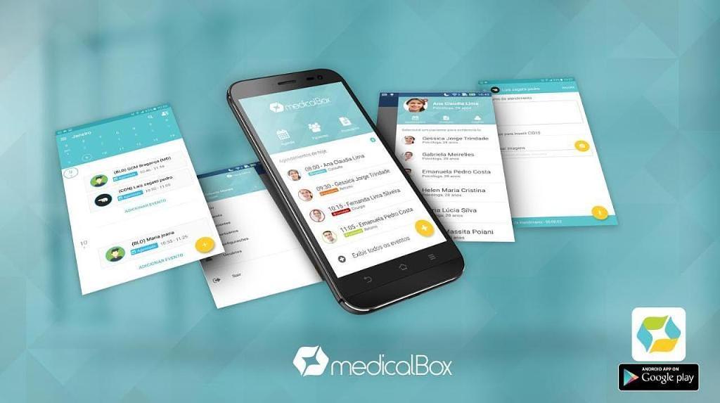 Composição do aplicativo MedicalBox com telas de agenda e prontuário em celular Android.