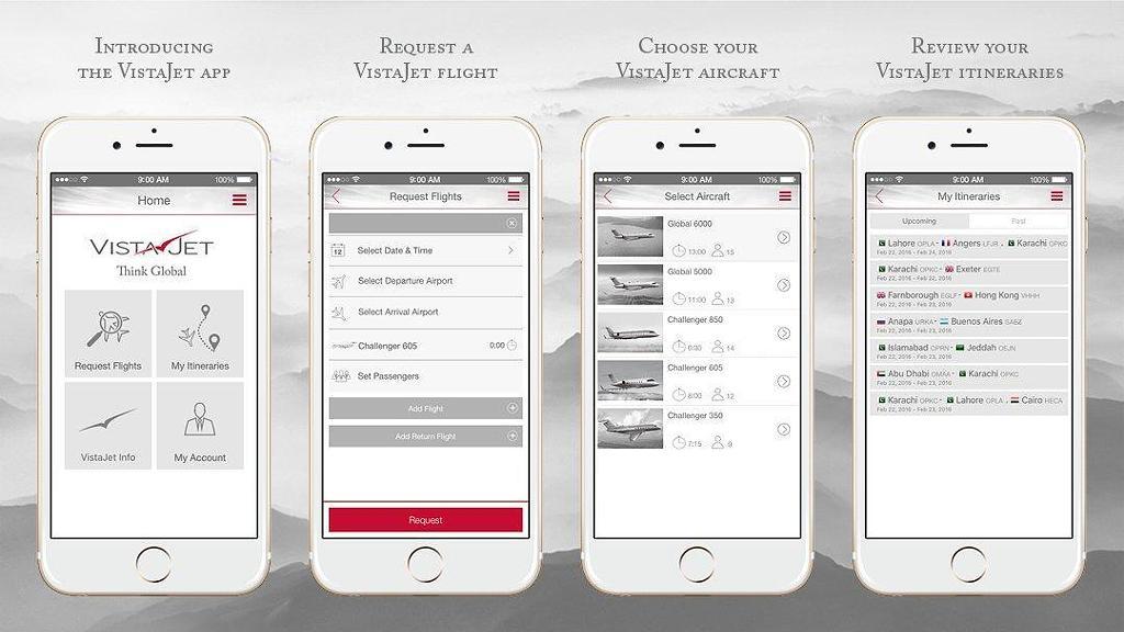 四台iPhone展示VistaJet应用的航班申请与行程流程。