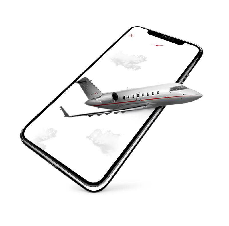 Mockup do aplicativo VistaJet com um jato executivo saindo da tela do celular em efeito tridimensional.
